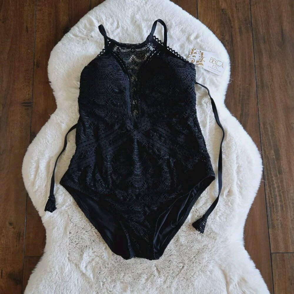 Becca ETC. Plus Black Crochet High-Neck Illusion One Piece Swimsuit 1X NWT $168 - Picture 3 of 6